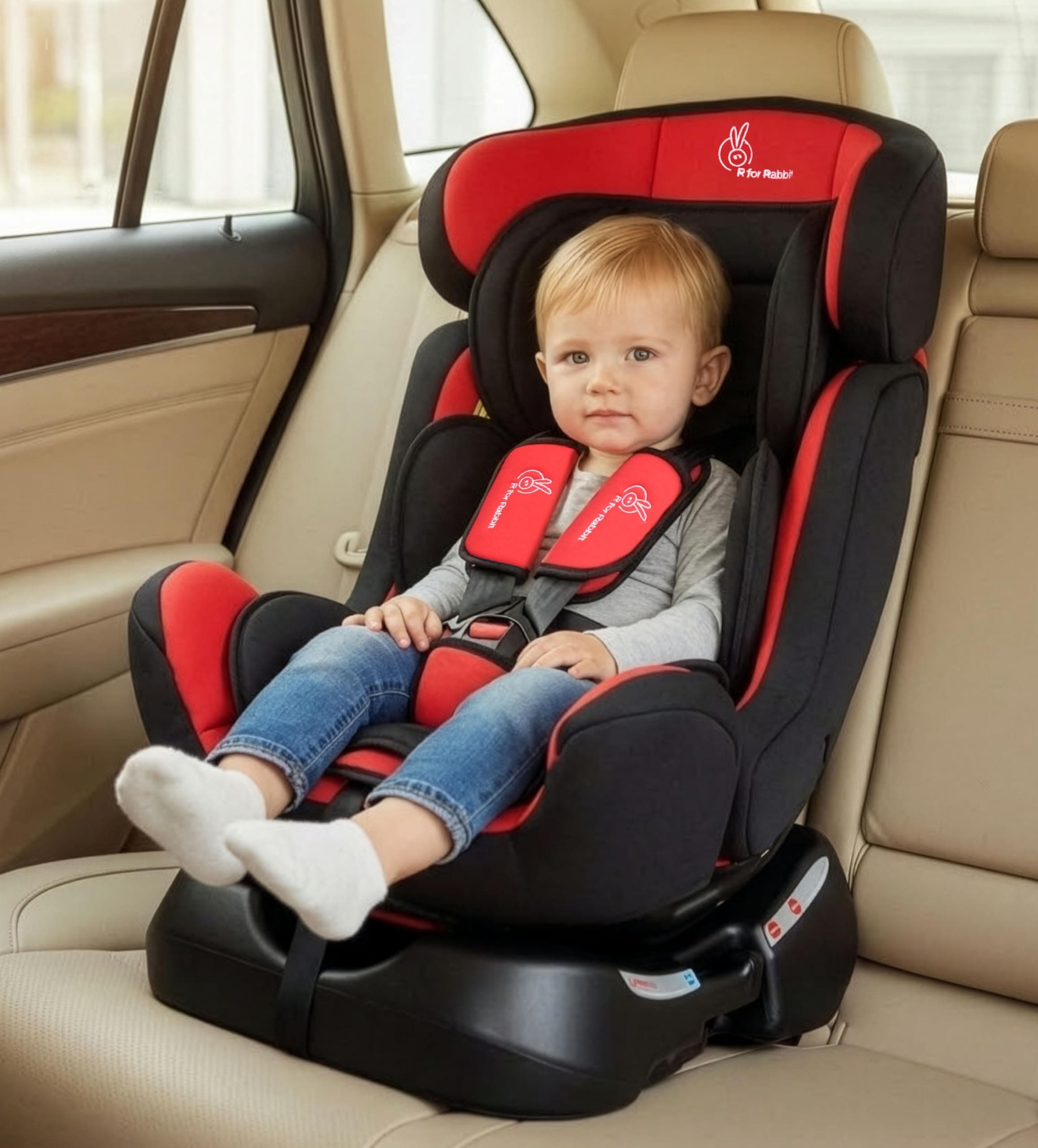 R for Rabbit Convertible Baby Car Seat Jack N Jill Grand Innovative ECE R44/04 Safety Certified Car Seat for Kids of 0 to 7 Years Age with 3 Recline Position (Red Black)