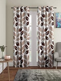 Cortina 2 Piece Floral Design Panel Eyelet Polyester Door Curtains - 7 Feet, Brown | Light-Filtering