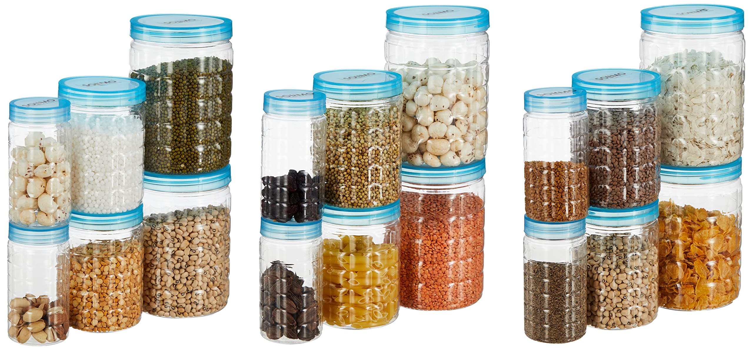 Amazon Brand - Solimo Checkered Jar Container Set, 18 Pieces (6 x 250 ml, 6 x 500 ml, 6 x 1000 ml), Blue | Kitchen Organiser | BPA Free | Stackable Storage Containers.