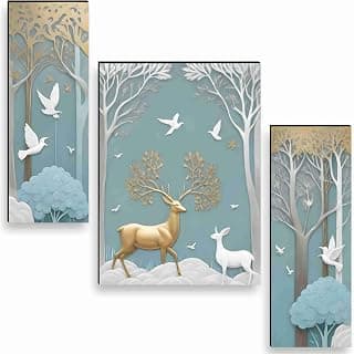 SAF deer Paintings for Wall Decoration - Set Of 3, 3d modern art Painting for Living Room Large Size with Frames for Home, Office painting 50.8 cm x 30.48 cm SANFJM36036-Engineered Wood