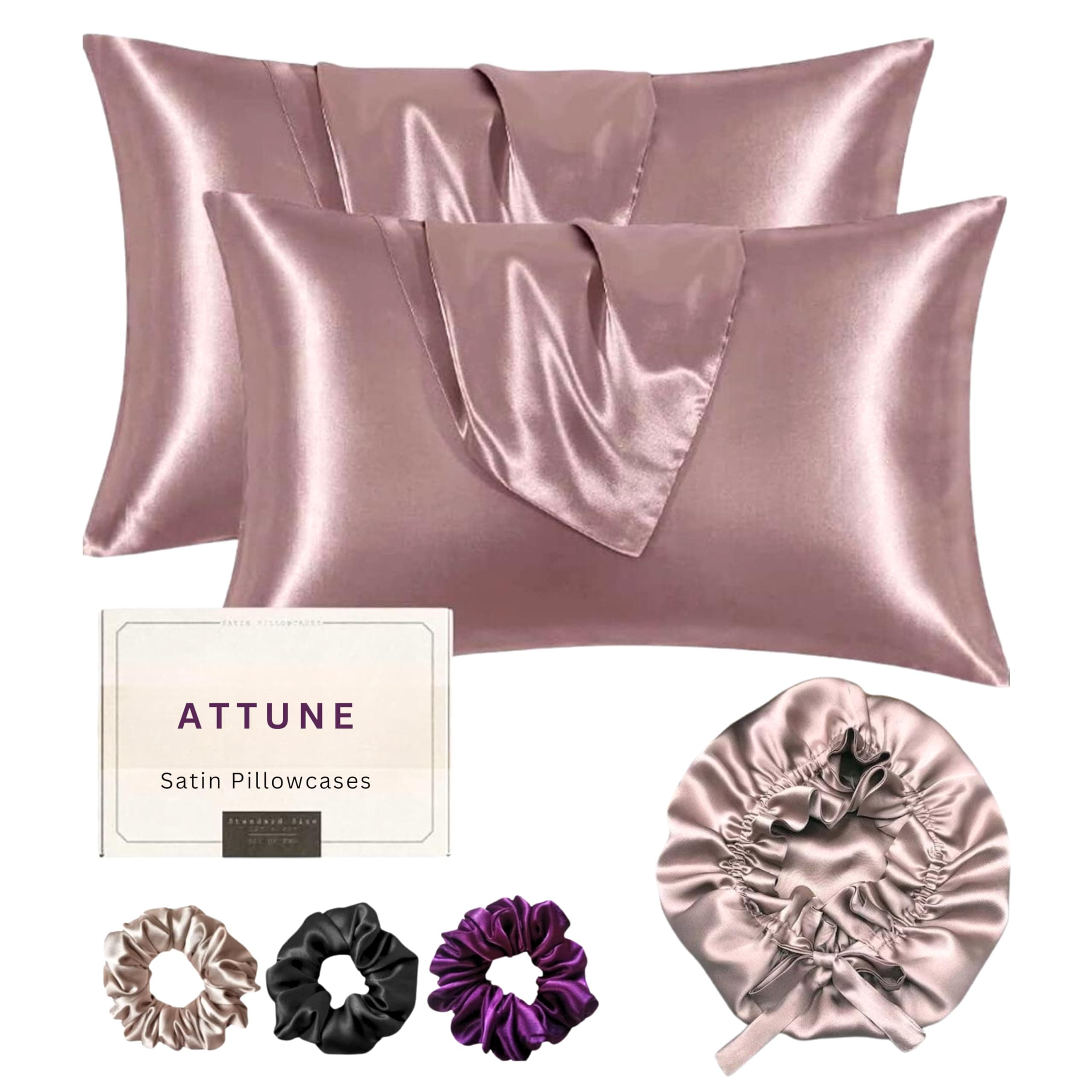 Satin Bonnet for Curly Hair with Free Satin Pillow Covers and Scrunchies | Silk Bonnet for Hair|Best Gift Combo of Pack of 2 Satin Pillowcases with 3 Scrunchies HairCap (Rose Taupe)