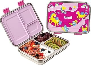 Basil Bento Box Neo 2025 - New & Improved, Easy to Open & Close 1000ml 3-Compartment Stainless Steel Lunch Box for Kids | Leak-Proof Tiffin Box for School - Pixie Dash