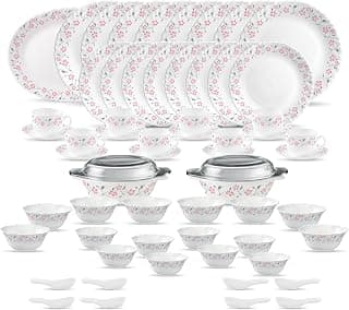 La Opala Diva Classique Collection Opal Glass Crockery | for Family of 8 | Dinner Set 61 pcs Grace Red | Plates & Bowls for Dining | Microwave Safe | 100% Vegetarian | Extra Strong | White