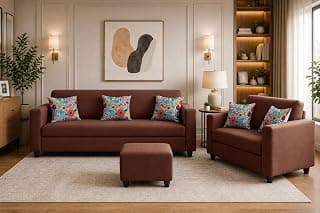 Rosebell 3+2 Fabric Sofa Set with Ottoman | Premium Upholstery 5-Seater Sofa | with Printed Cushions | Living Room Furniture |Brown-Color