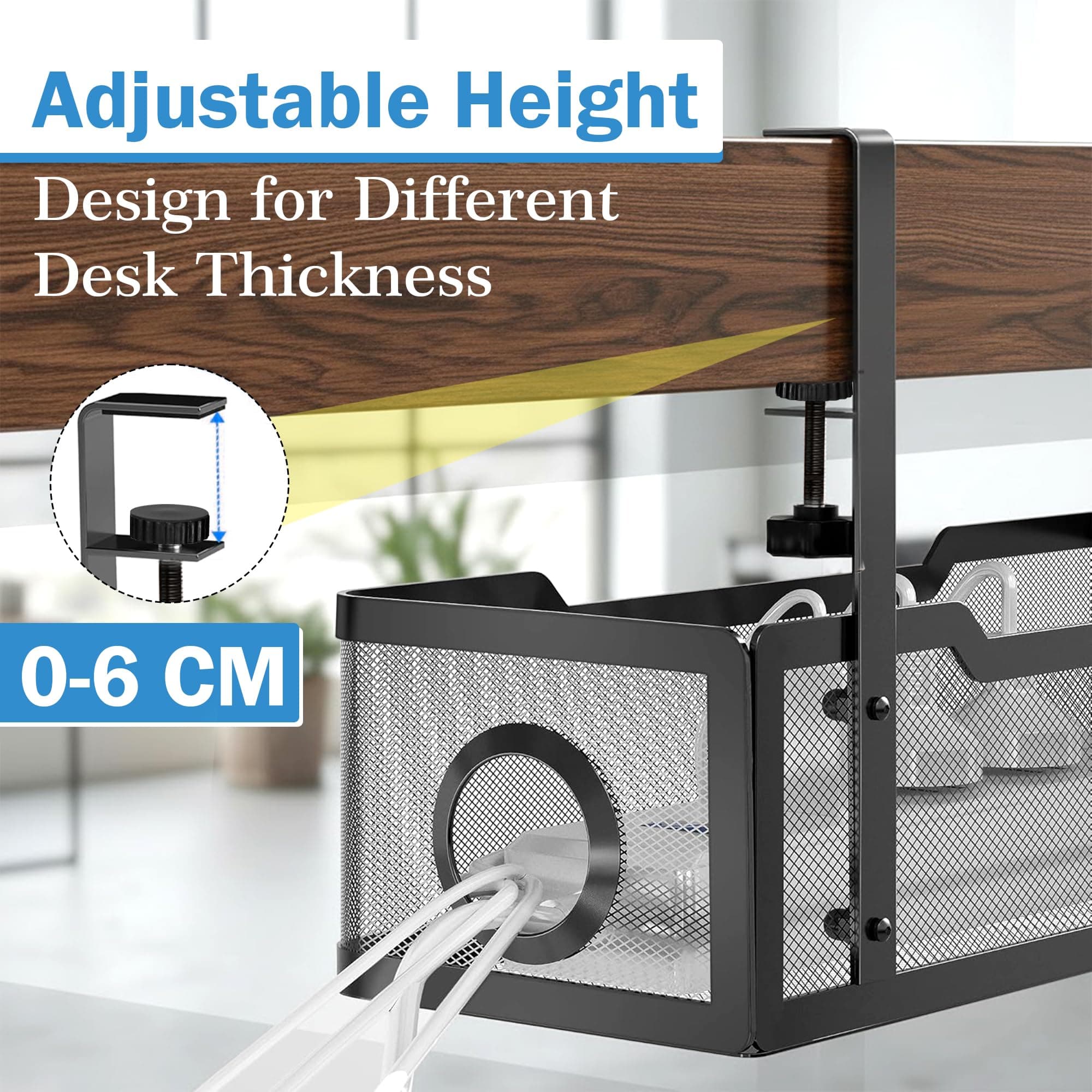 GLUN® Adjustable Under Desk Cable Organizer Rack, Screw-Fixed Wire Management Tray for Power Cord, Extension Board & Network Cables, Black Includes 10 Cable Ties & 4 Cable Organizers