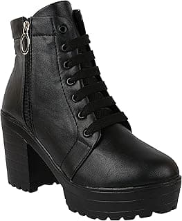 Shoetopia Women Black Zipper & Lace Up Block Heeled Boots