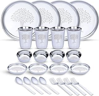 Limetro Steel Stainless Steel Dinner Set for 4 Persons | Complete Indian Thali Set with Plates, Bowls/Katori, Glass, Spoon & Fork | Tree Design Steel Dinnerware for Home (Set of 24- Serves 4)