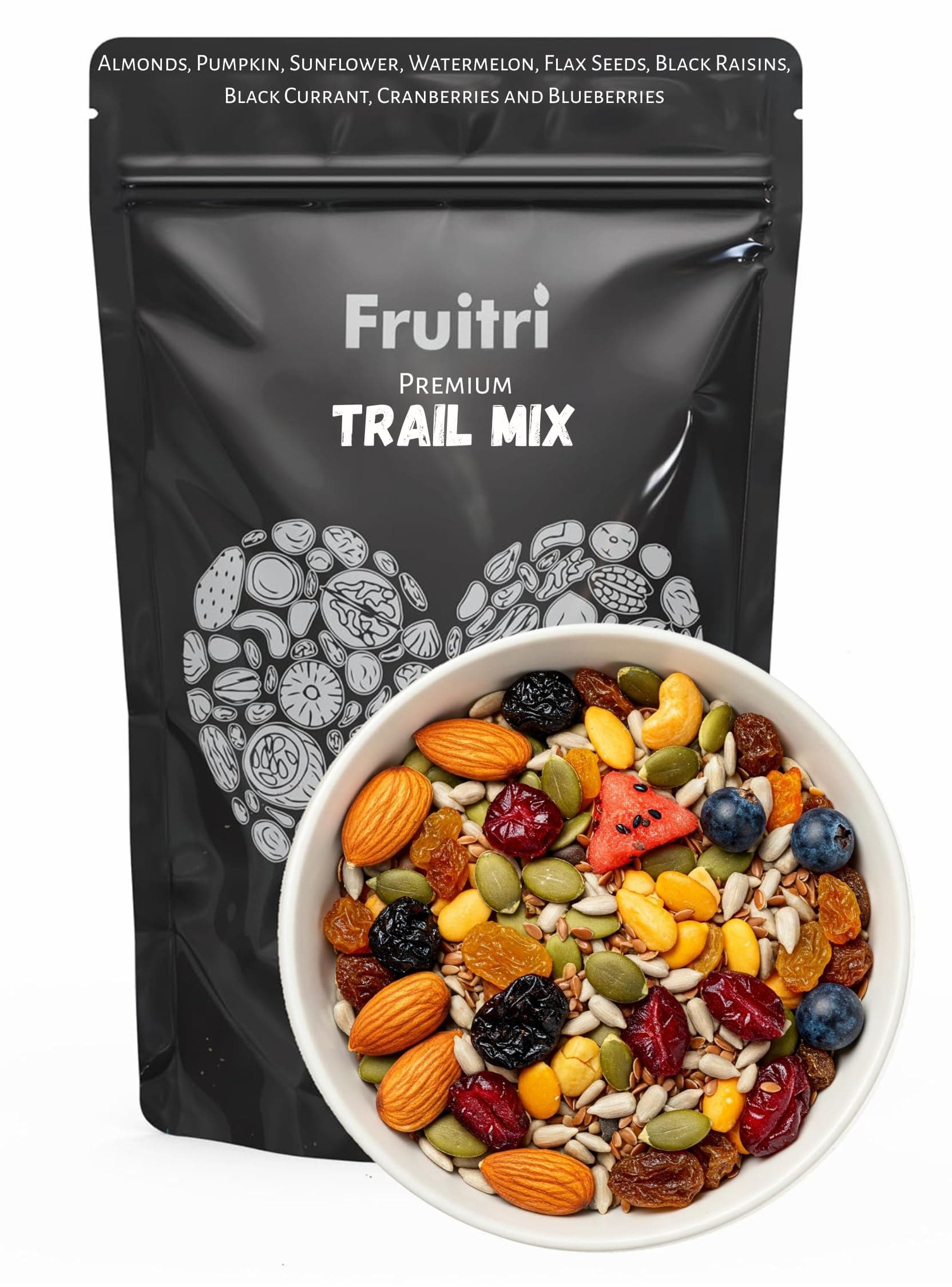 Fruitri Superfood Trail Mix 400g- Roasted Almonds, Pumpkin, Sunflower, Watermelon, Flax Seeds, Black Raisins, Black Currant, Cranberries and Blueberries, Seeds mix & dry fruits combo pack offer