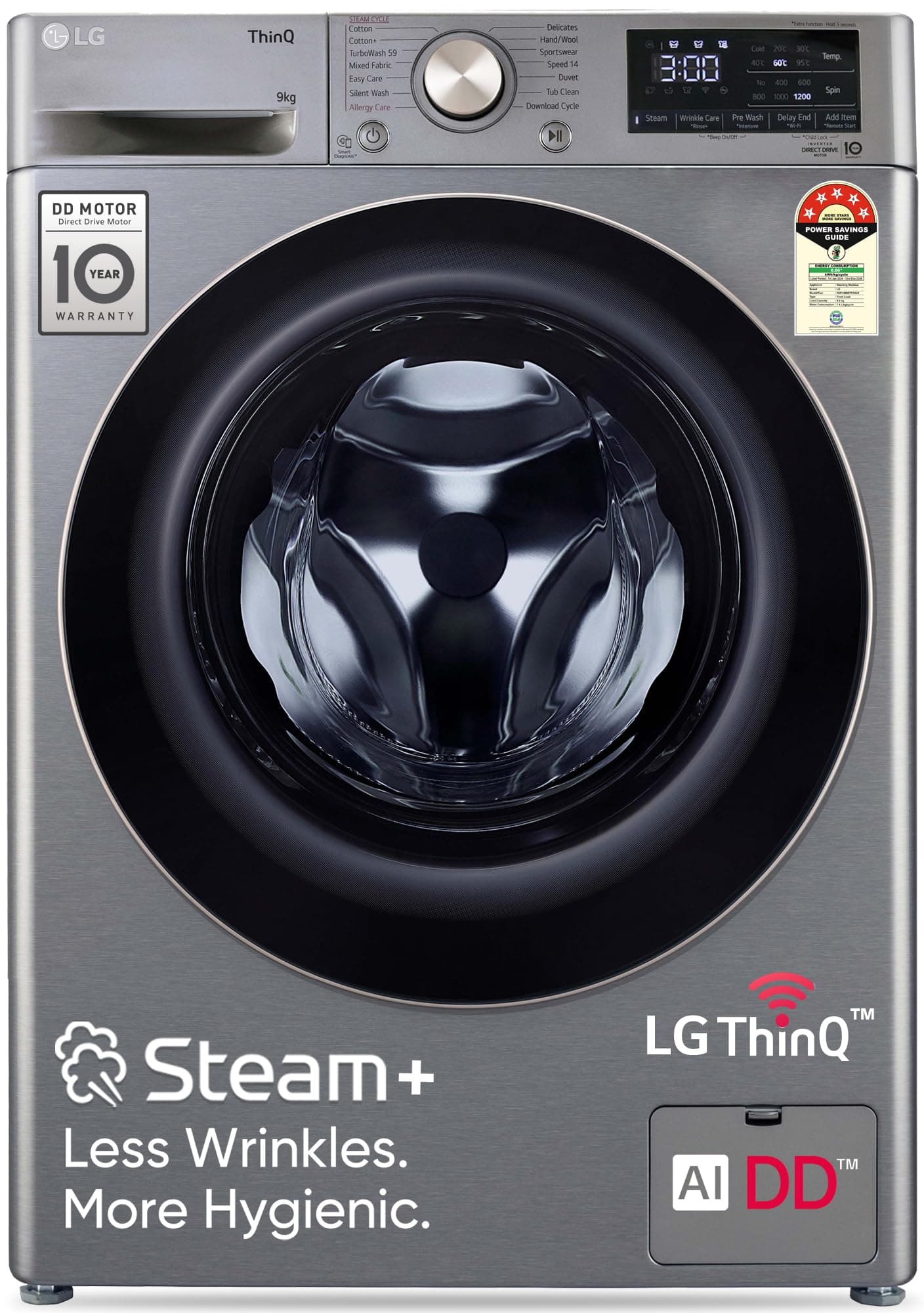 LG 9 Kg, 5 Star, AI Direct Drive Technology, Wi-Fi, Steam+ with Wrinkle Care, Fully Automatic Front-Loading Washing Machine (FHP1209Z7P, Intelligent & Convenient Fabric Care, Allergy Care, Platinum)