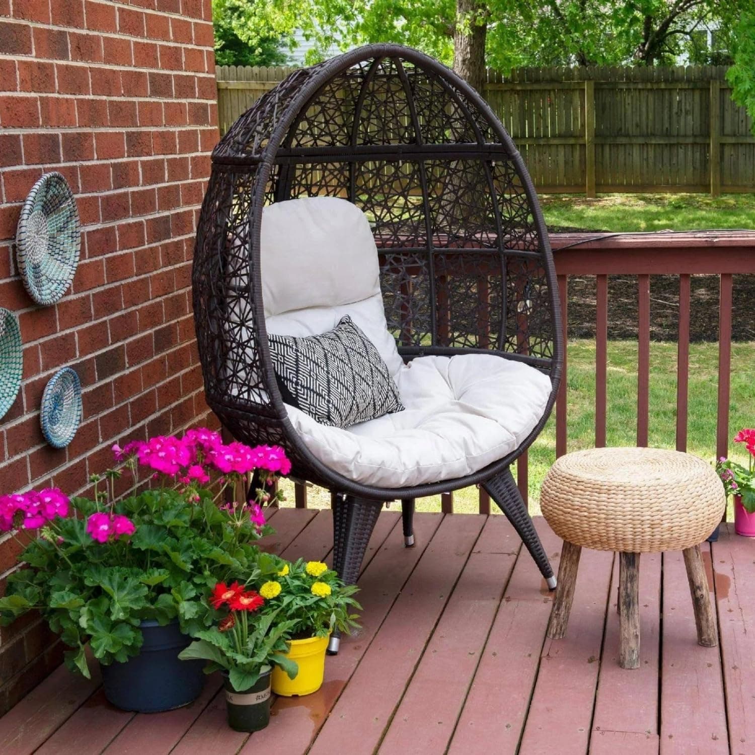 DEVOKO Outdoor All-Weather Rattan Wicker Egg Chair for Garden, Deck, Lawn, Poolside, Terrace (Dark Brown & White)