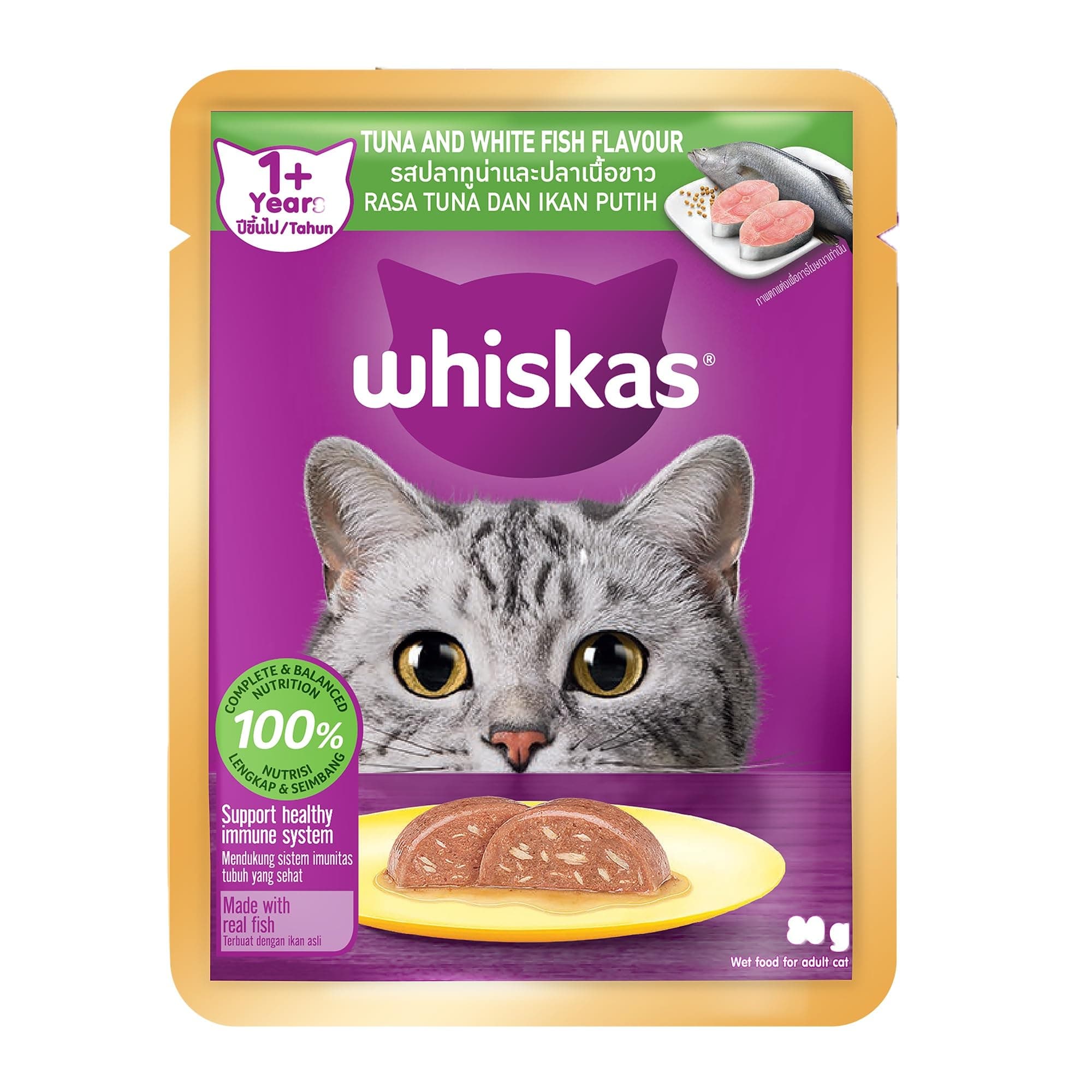 Whiskas Adult (1+ Years) Wet Cat Food, Tuna & White Fish Flavour, 80 g, 100% Complete & Balanced Nutrition, Supports Healthy Immune System