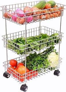 Privesh Stainless Steel Modern Kitchen Storage Rack Folding Perforated Design Trolley Spice Fruits and Vegetable Onion Potato Organizer Stand Trolley with Wheel Kitchen Trolley (3 Layer Trolley)
