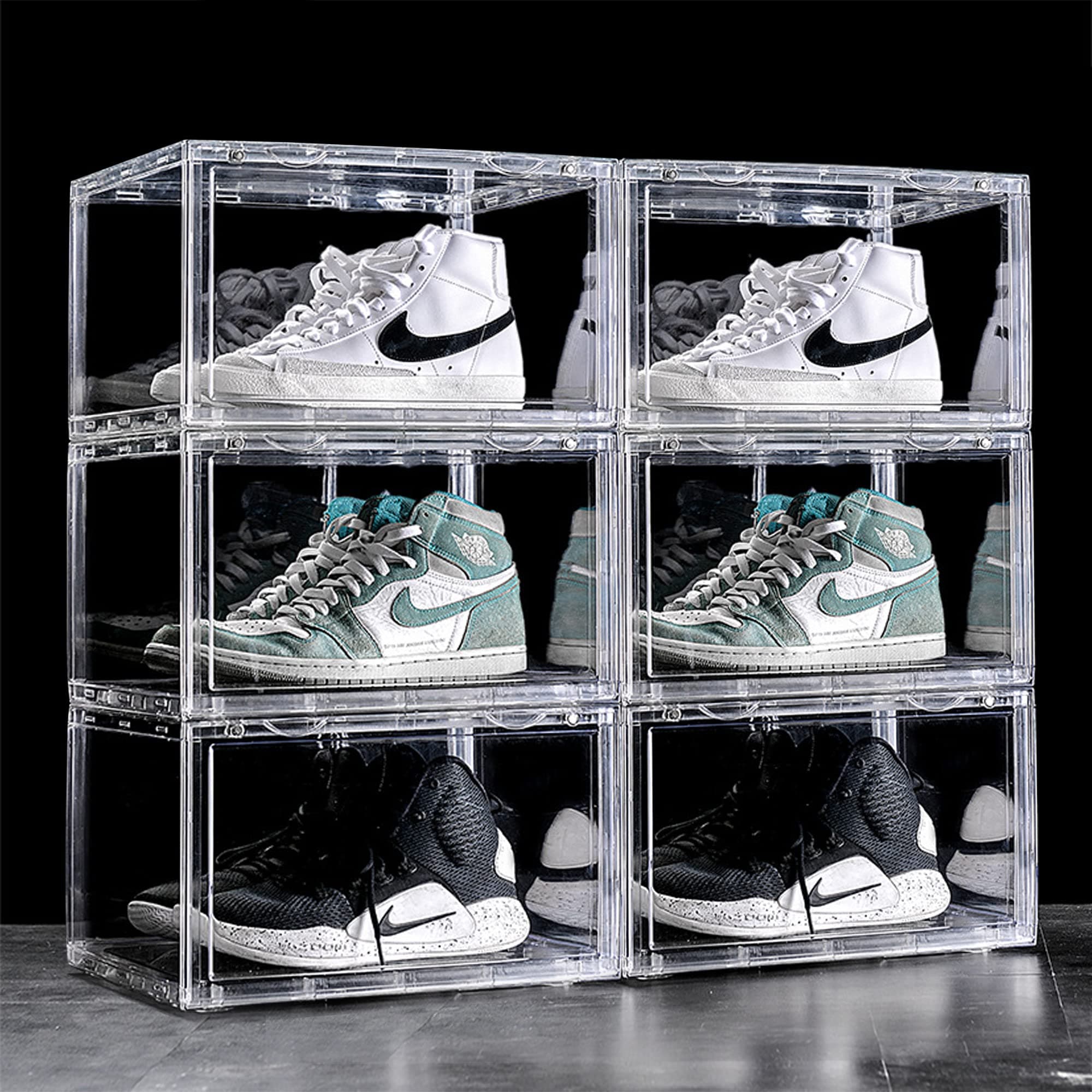 AYSIS Multipurpose 6 Pack Sneaker Containers Bins, Shoe Container & Storage Box, Clear Plastic Stackable Shoe Organizer for Closet, Space Saving, Foldable, White Transparent, Pack of 6