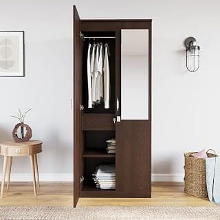 Nilkamal Riva 2 Door Wooden Wardrobe With Mirror for Bedroom | Almirah with 1 Hanging Rod, 3 Shelves & 1 Lockable Drawer | Clothes Cupboard | Engineered Wood | New Wenge