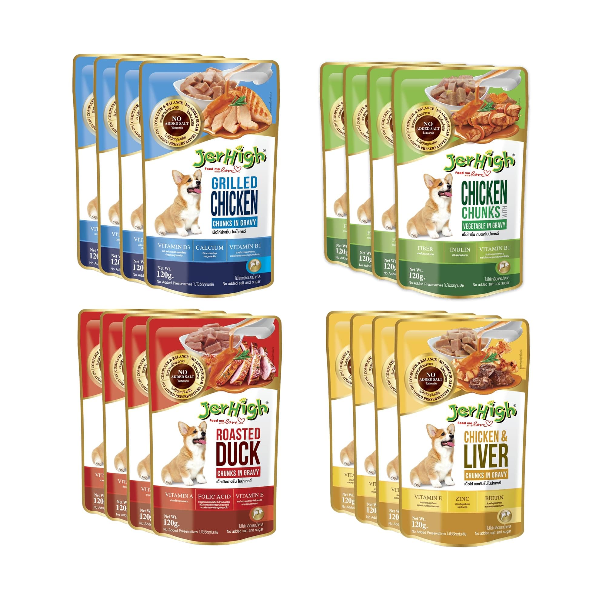 JerHigh Dog Wet Food Combo Pack, Chicken, Liver, Vegetable, Grilled, Roasted Duck in Gravy, Assorted (4pc Each x 120 g) (Pack of16) (All Life Stages)