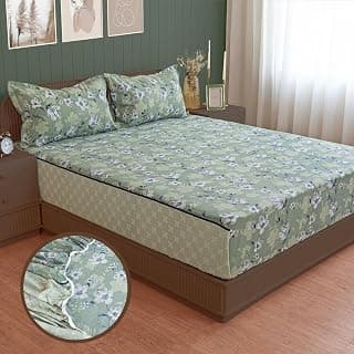 Swayam Roto Cotton King Fitted Bedsheet with 2 Pillow Covers | Size 72 x 78 x 10 inch | 144 TC | Floral Design | Soft Breathable Bed Sheet | Comfortable & Durable for Bedroom - Green