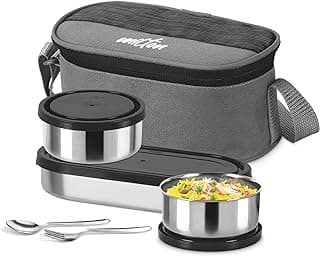 MILTON Master Lunch Box with Insulated Fabric Jacket, 3 Containers (1 Oval Stainless Steel 450 ml, 2 Stainless Steel 280 ml Each Spoon & Fork), Leak-Proof Tiffin for Office, School, College, Black