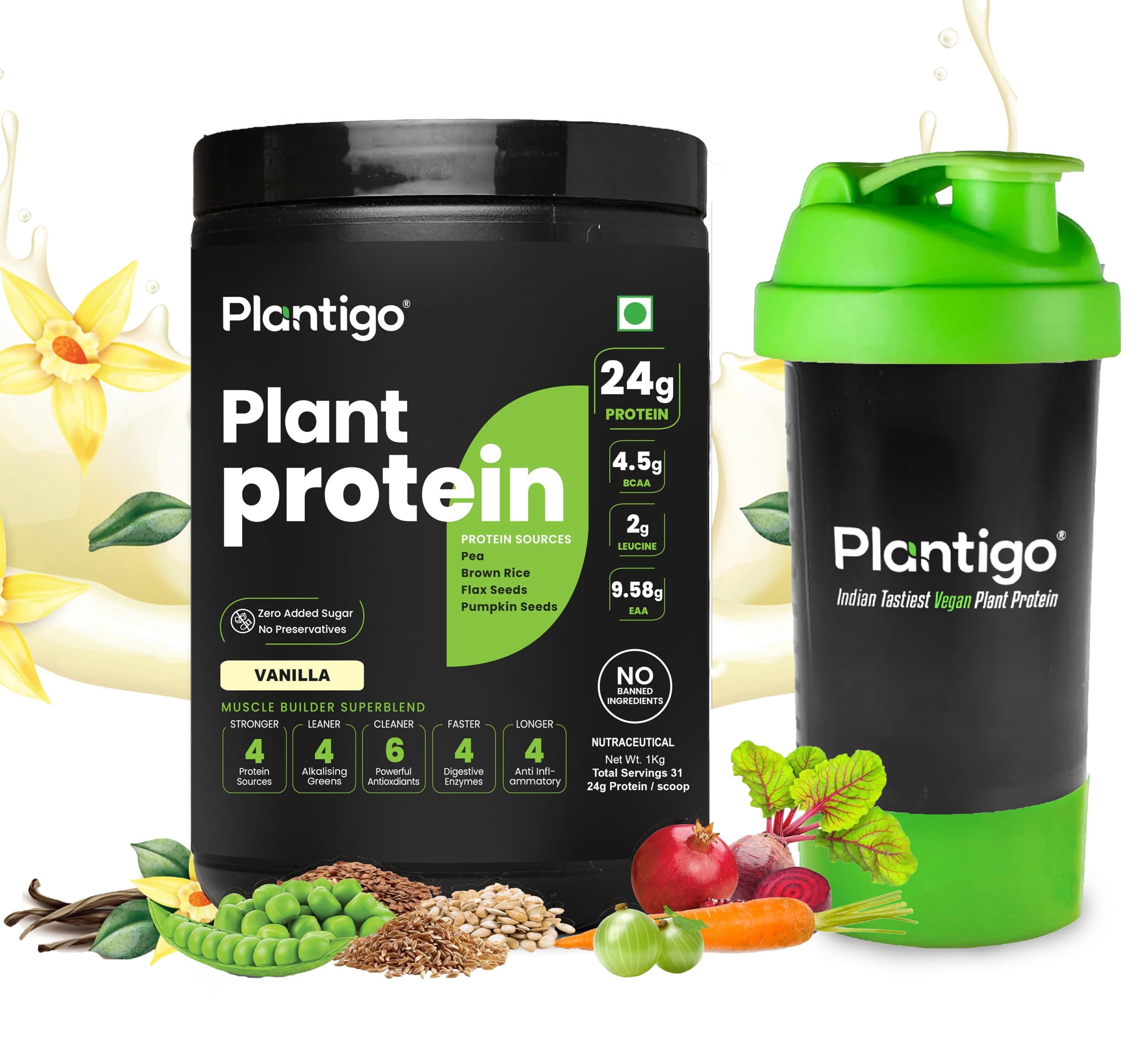 Plantigo Clean Plant Protein Powder | No Preservatives, No Banned Substances | Super Protein Blend - Pea, Brown Rice, Flax & Pumpkin| Protein For Men, Women (Vanilla Flavor - 1Kg + Shaker 600ml)