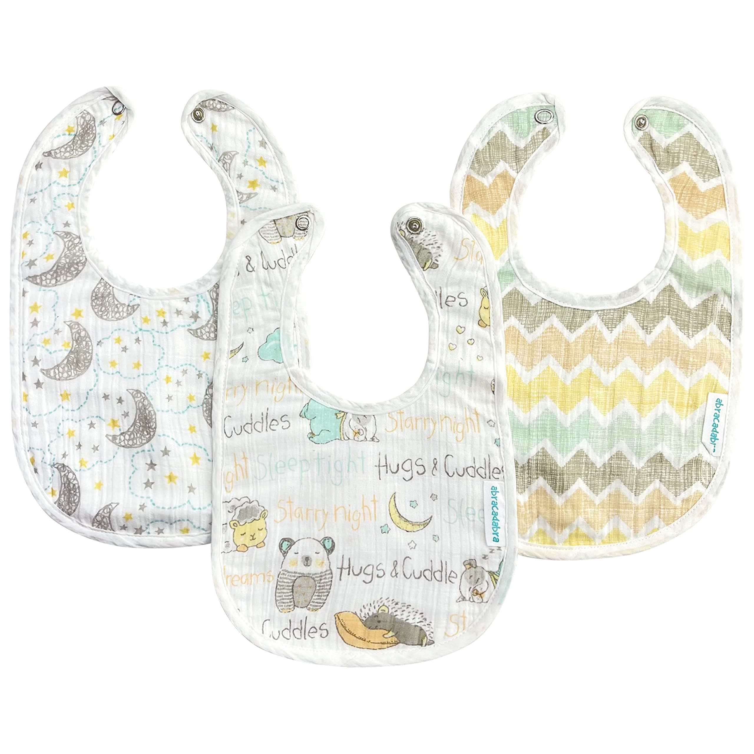 abracadabra Muslin Bibs with Adjustable Snap Button Closure, Super Absorbent, Soft, Comfortable & Lightweight, Set of 3 - Sleepy Friends