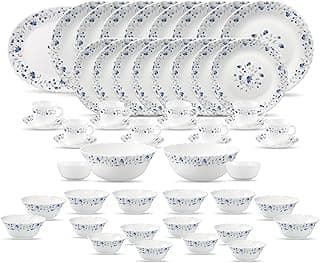 La Opala Diva Classique Collection Opal Glass Crockery | for Family of 8 | Dinner Set 53 pcs Blue Mystique | Plates, Bowls & Cups for Dining | Microwave Safe | 100% Vegetarian | Extra Strong | White