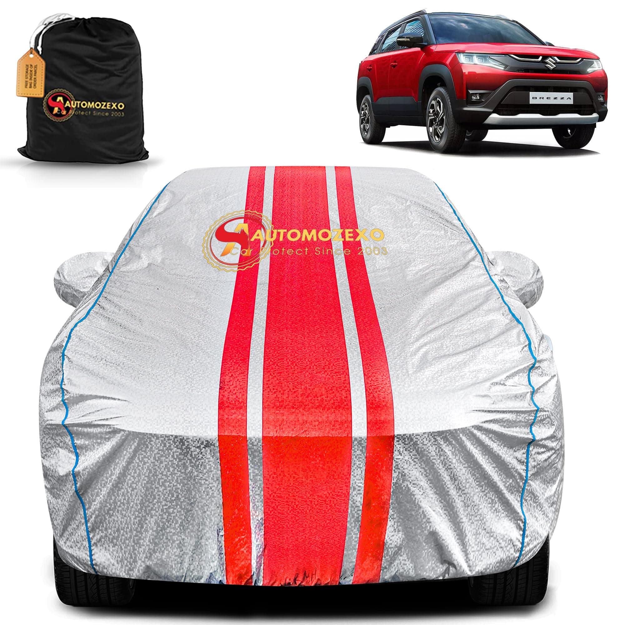 AUTOMOZEXO Maruti Brezza 100% Waterproof Car Cover for All Weather Protection with Mirror Pocket Inner Cotton Layer Triple Stitched Cover with Adjustable Belt Bottom Elastic to Secure Fit - SRED