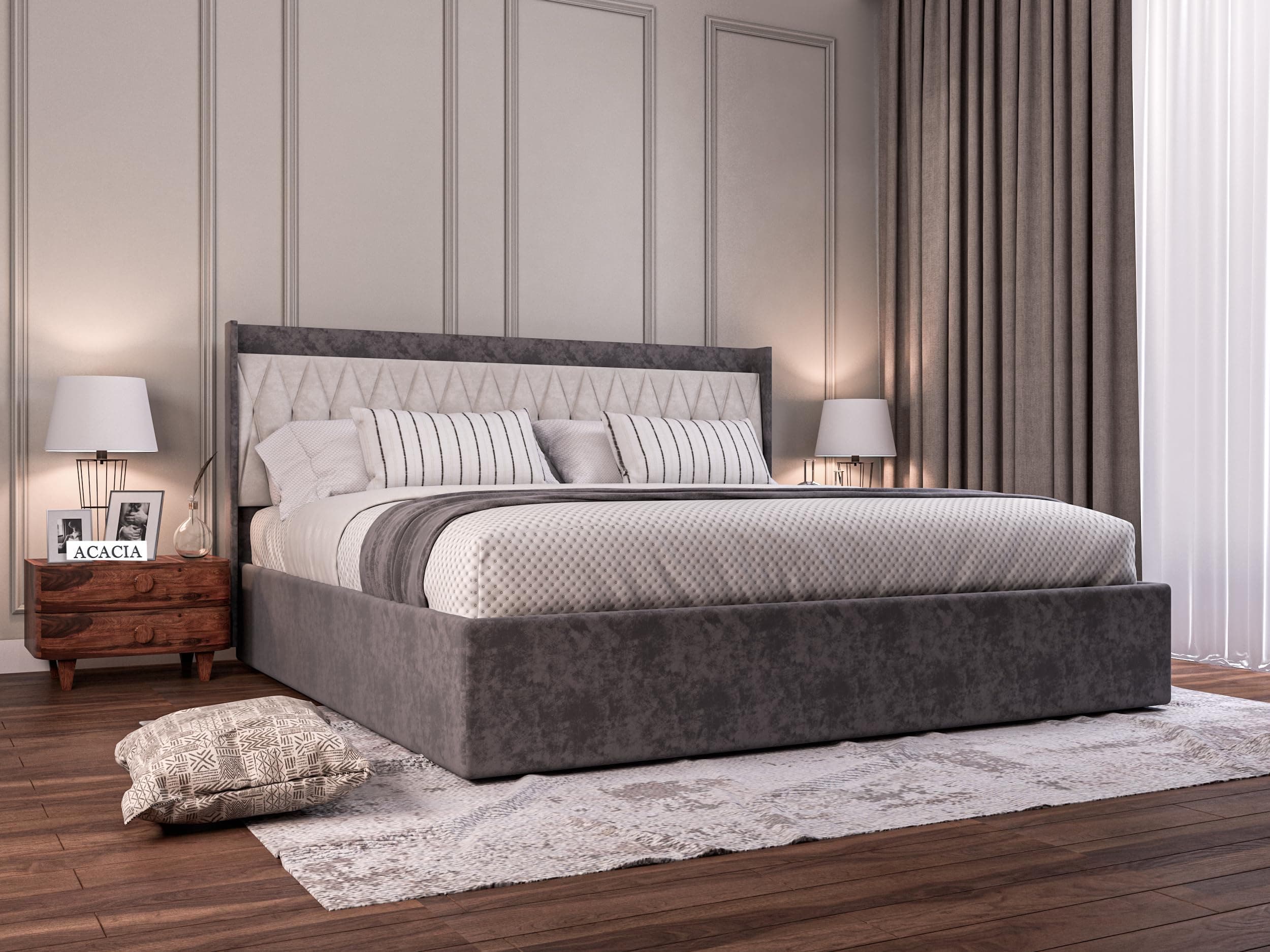Acacia Modern Upholstered King Size Bed with Box Storage for Bedroom | Wooden Double Bed with Storage | Platform Cot Bed with Upholstery Premium Fabric | 6.5 x 6 Ft | Sheesham Solid Wood (Grey)
