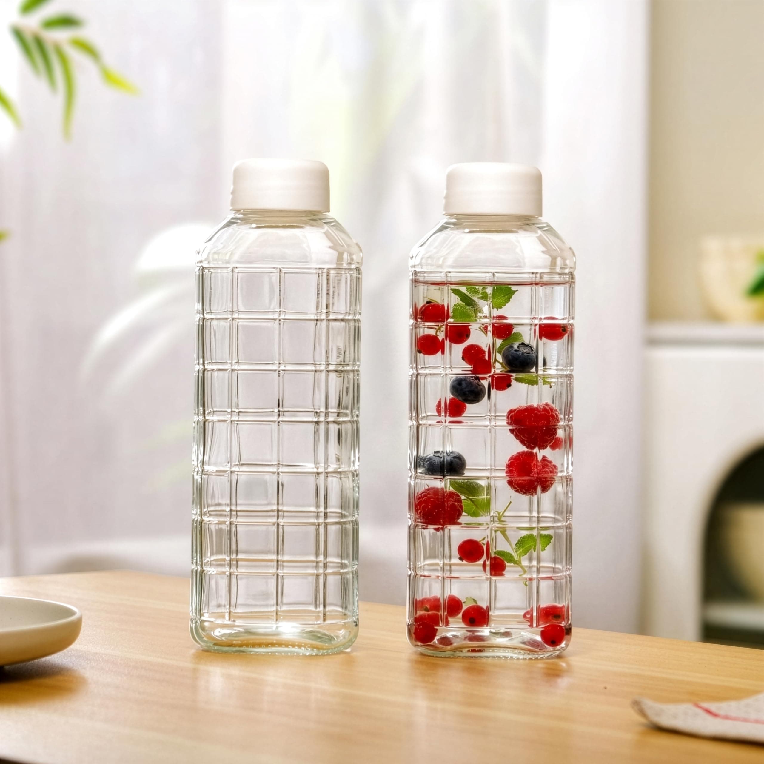 Nestasia Glass Water Bottle 1 Ltr (Set of 2) | Grid-Embossed Leakproof Glass Bottle Set with Cap for Juice, Milk, Detox Water, Office & Daily Use | Transparent & Durable Fridge Water Bottle