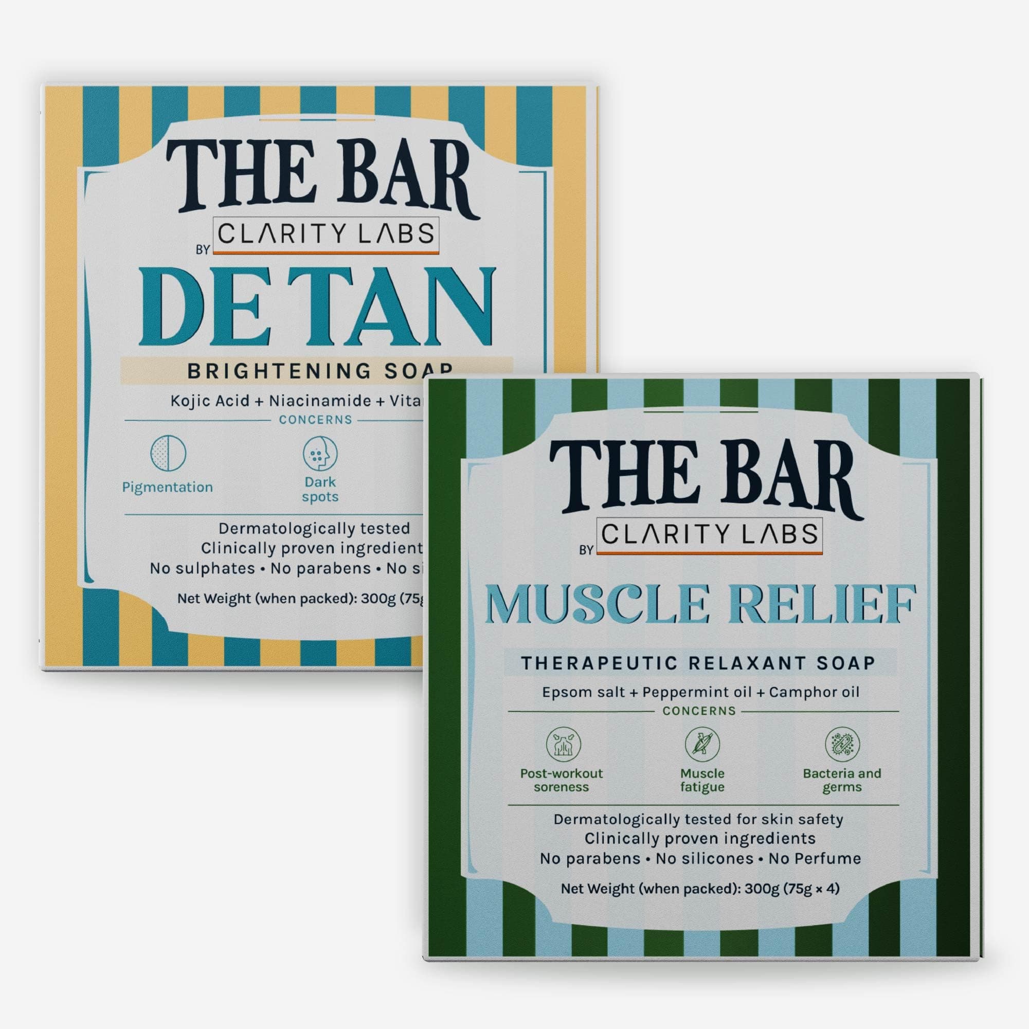 Clarity Labs Muscle Relief Soap + Detan Brightening Soap (Pack of 8) || Detan Brightening (Pack of 4) + Muscle Relief (Pack of 4) || The Bar by Clarity labs