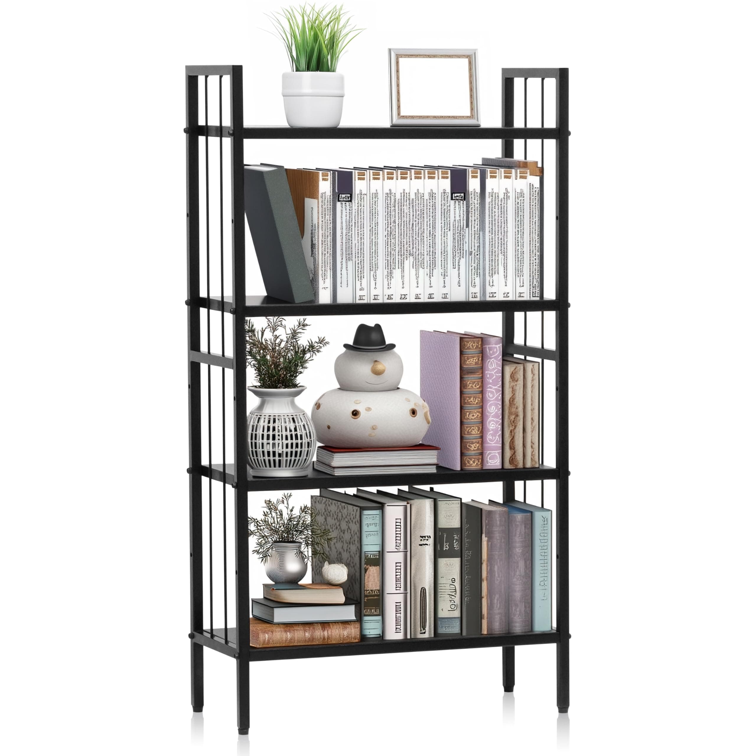 Livzing 4 Tier Height Adjustable Metal Bookshelf Metal Rack Wooden Almirah for Home Library Book Shelf Open Display Books Rack 4 Layer Book Shelf Bookcases DIY
