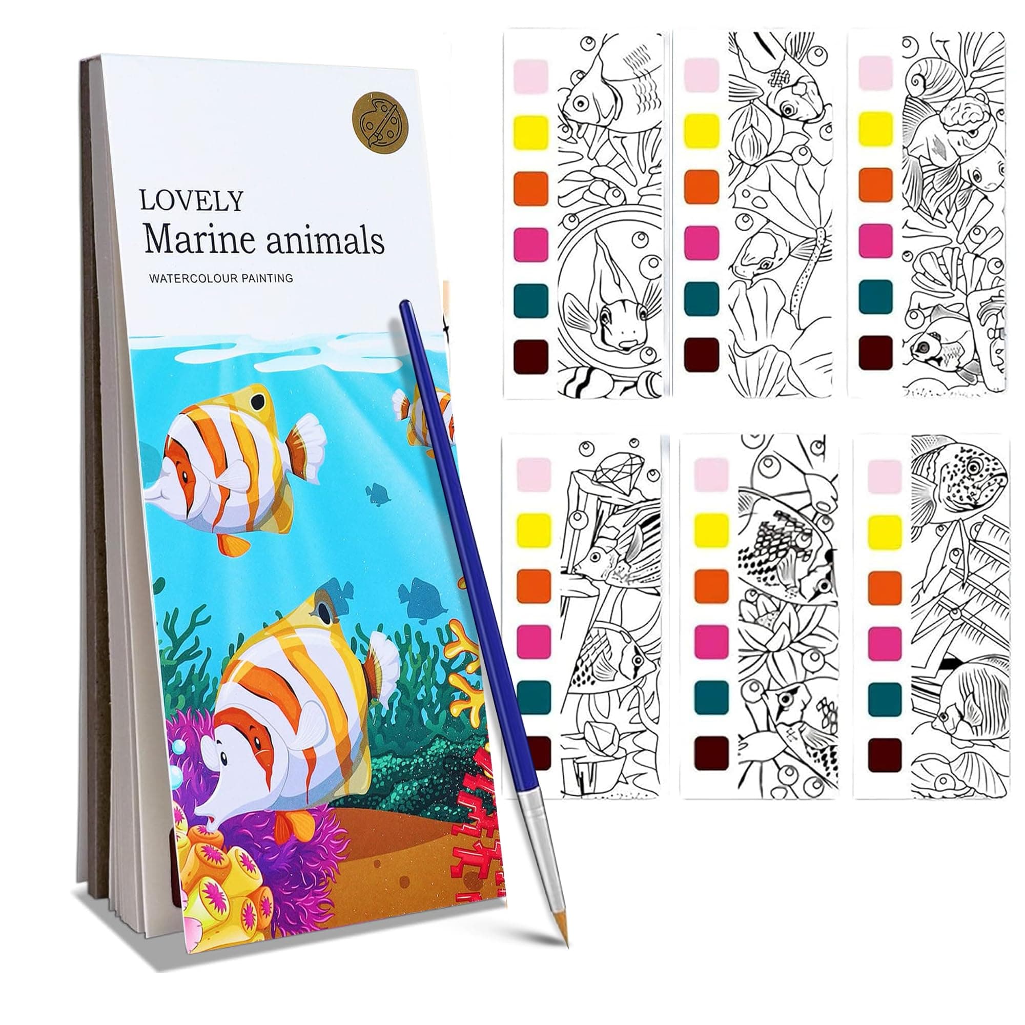Kidology Water Color Books for Kids, Fish Theme Coloring Book for Kids with 20 Pages for Toddlers, Mini Watercolor Painting Book with 1 Brush, Art & Craft, Christmas Gifts for Girls Boys