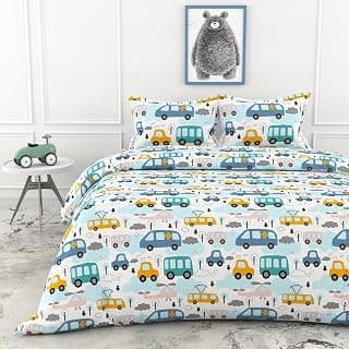LORETO - A QUALITY LINEN BRAND 100% Cotton Bedsheet for Double Bed, 1 Double Bedsheet with 2 Pillow Covers | 144 TC Queen Size Double Bedsheet Cotton, Bubblegum Blue Bus & Banana Yellow Cars