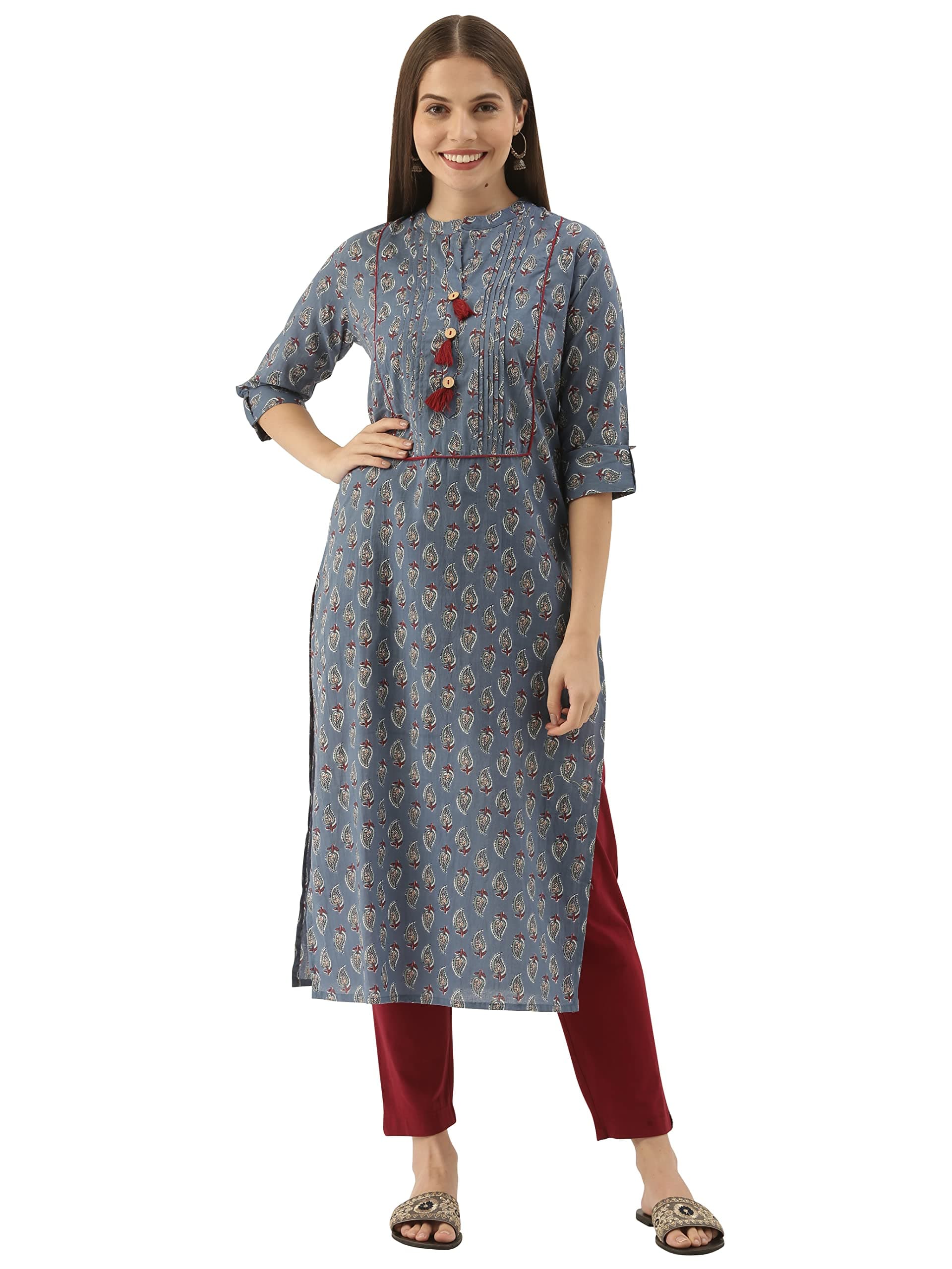 Monira Women'P Blue Pure Cambric Cotton Jaipuri Block Printed Kurti (MONJPR68B-P)