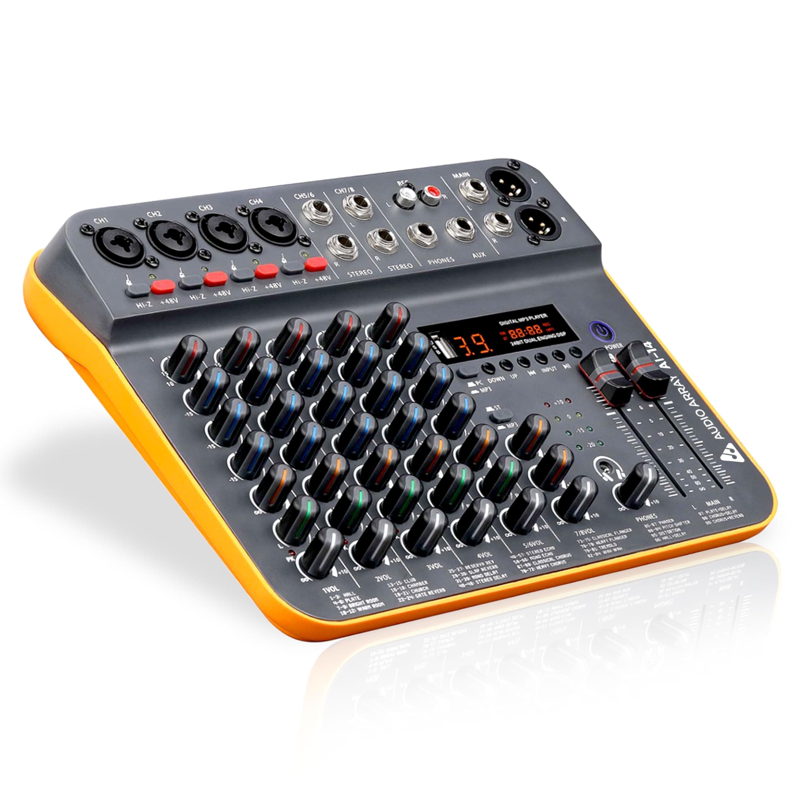 Audio Array 8-Channel Hybrid USB Audio Mixer with 8 Analog + 2 Digital Inputs, 48kHz/16-Bit Processing, +50dB Gain, Combo XLR, Phantom Power, Hi-Z, 3-Band EQ, 99 DSP FX, Balanced XLR Output | AI-14
