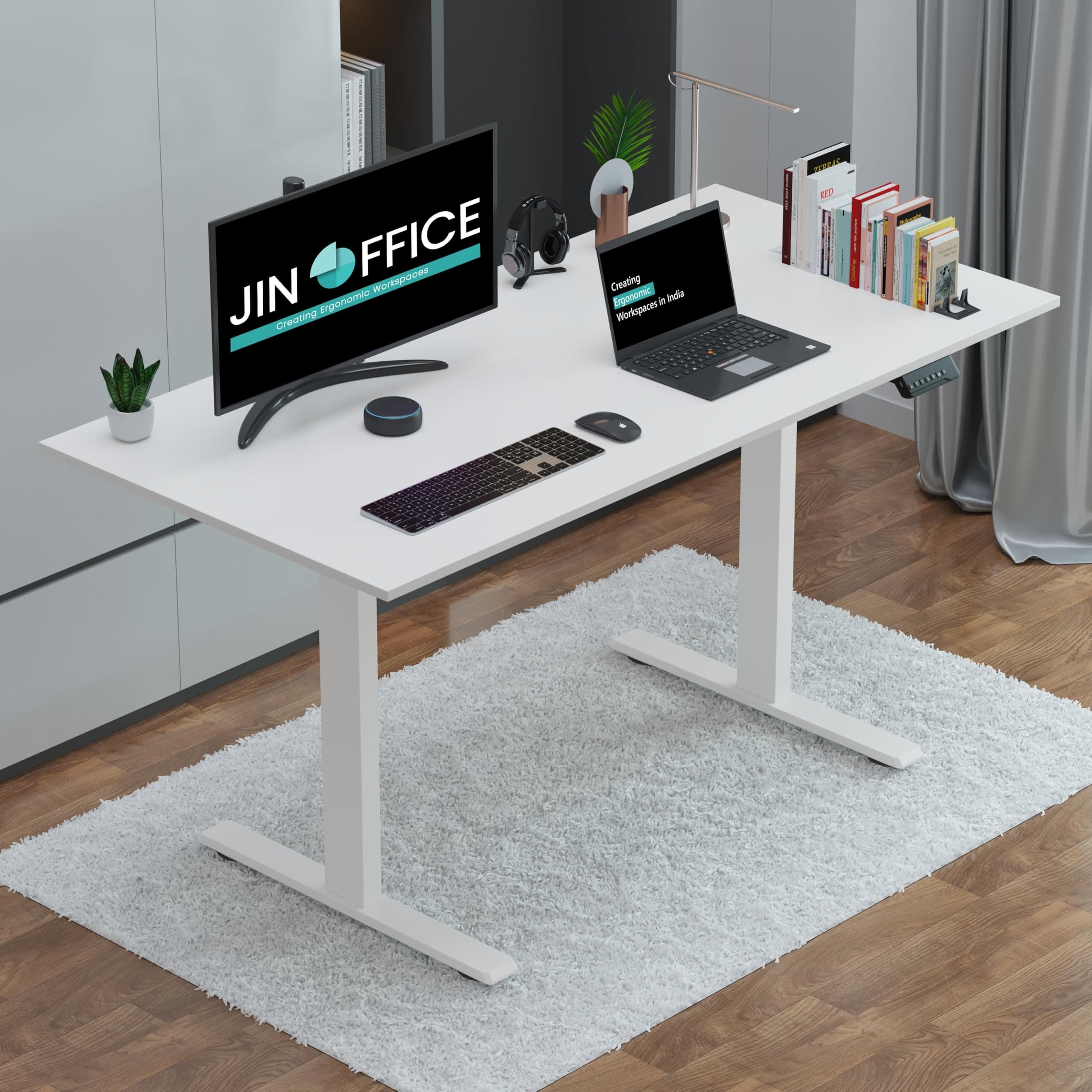 JIN OFFICE Zenith Electric Height Adjustable Table| Standing Desk with 100 Kg Wt. Capacity & 3 Year Warranty| Ergonomic Desk| Sit Stand Table with 3 Memory Preset| White & White |1500X750mm/25MM Thick