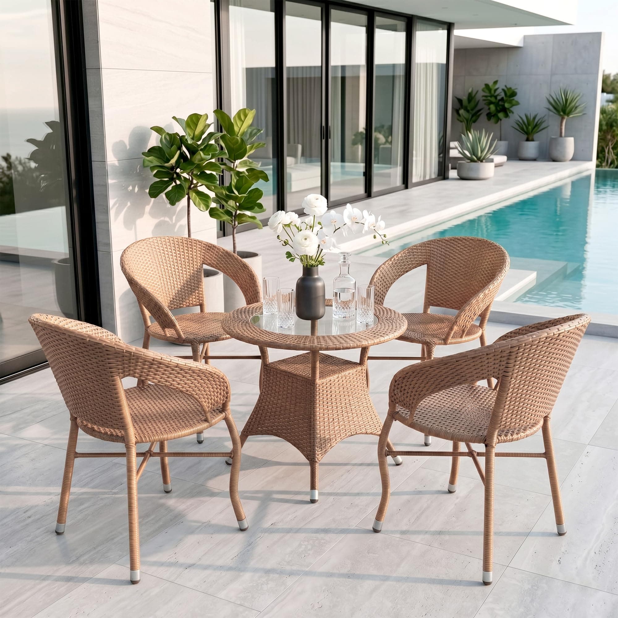 BRISHI 5-Piece Outdoor Rattan Wicker Patio Coffee Table Set | Garden Furniture for Balcony, Terrace, Porch & Poolside | Waterproof Bistro Sets for Home & Backyard (Light Brown)