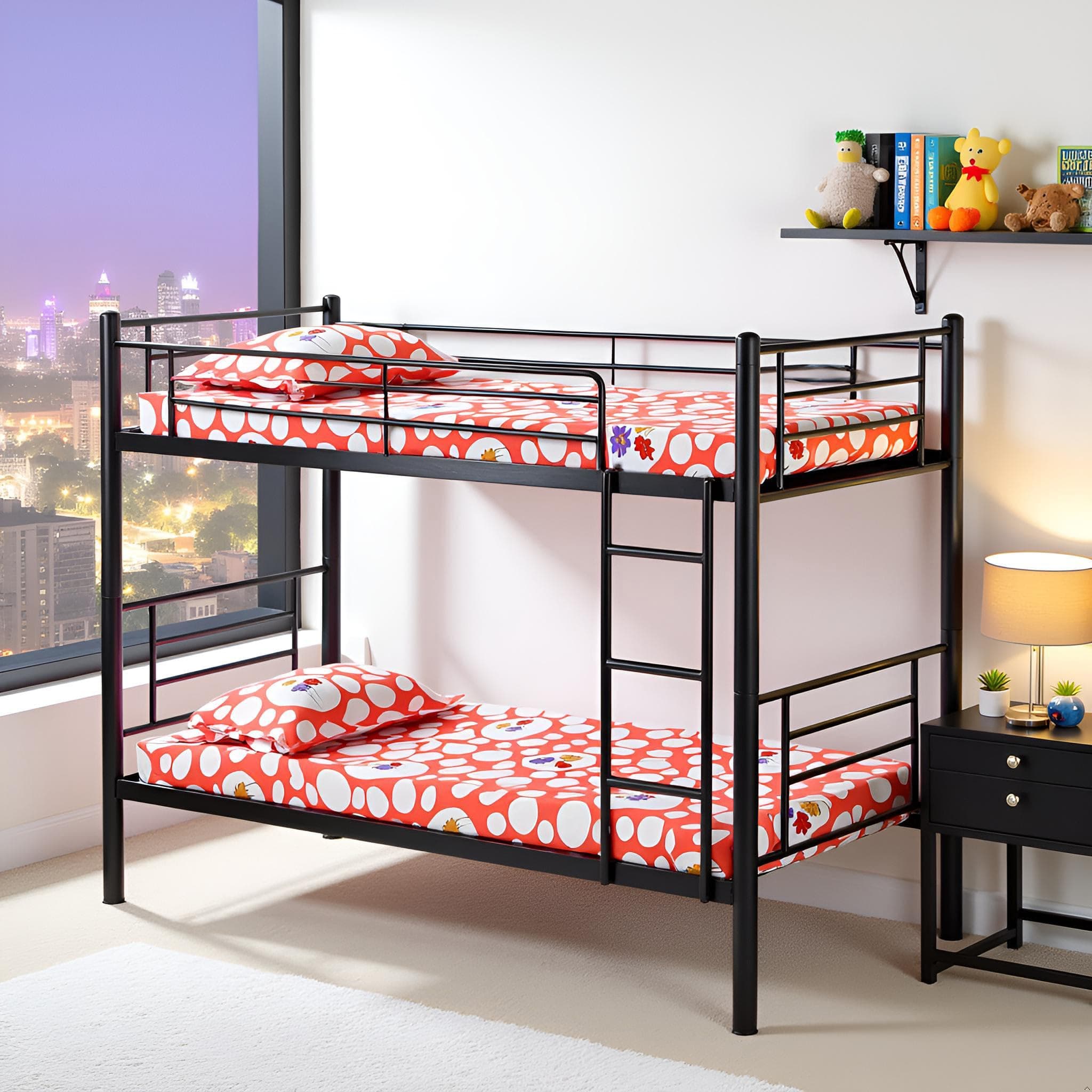 Spacecrafts® Convertible Bunker Cot 1+1 | Twin Metal Bunk Bed Frame with Ladder | Metal | Space-Saving Design | Sturdy Guardrails | Frame only | Mattress Not Included (Size: L:202, W:84, H:167 CM)