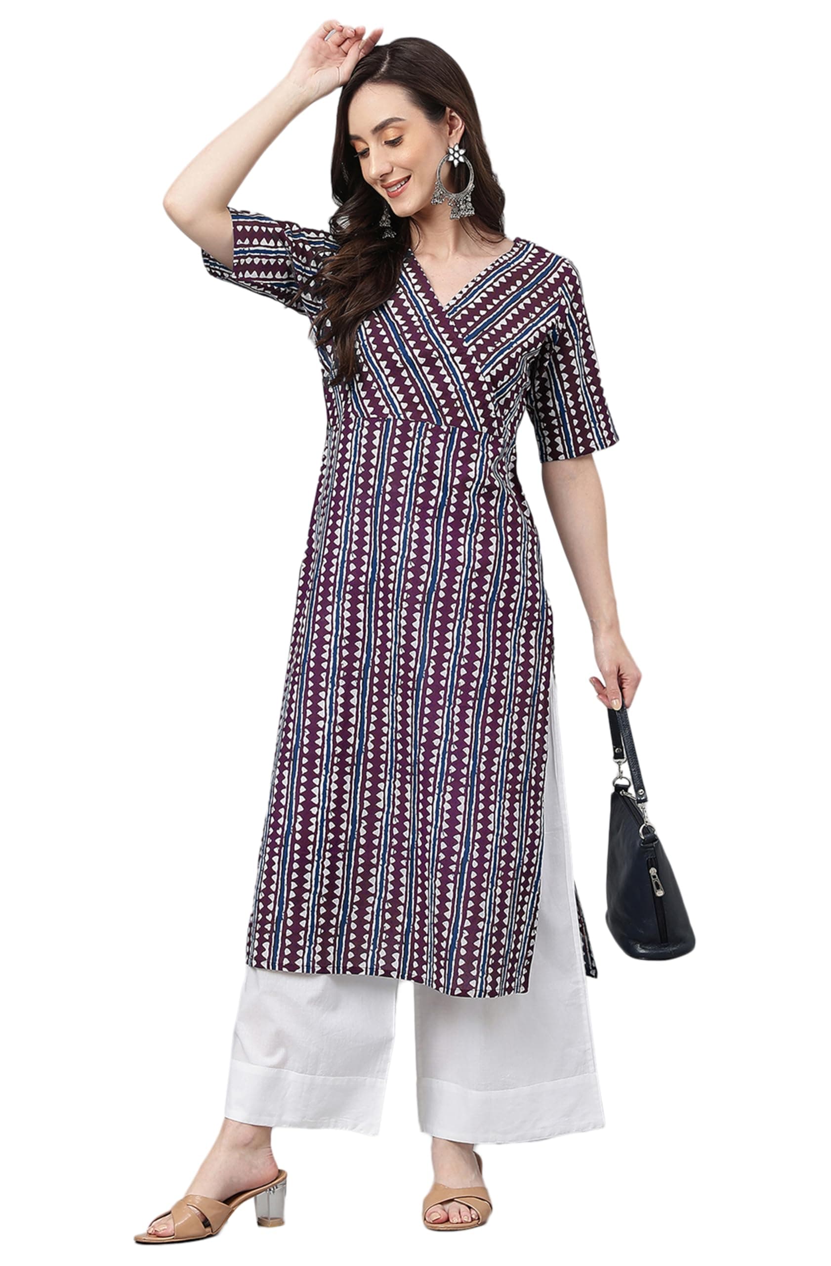 Janasya Women's Navy Blue Pure Cotton Geometric Straight Kurta