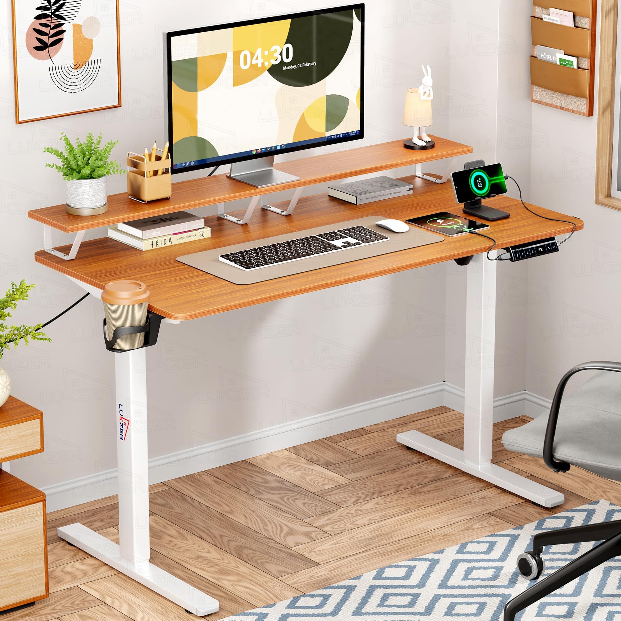 Lukzer Electric Height Adjustable Desk with Monitor Riser USB & Type-C Work from Home Ergonomic Sit-Stand Table with Advanced Memory Preset 120 x 60 cm 3 Years Warranty (EST-004-UC/White & Oak Brown)
