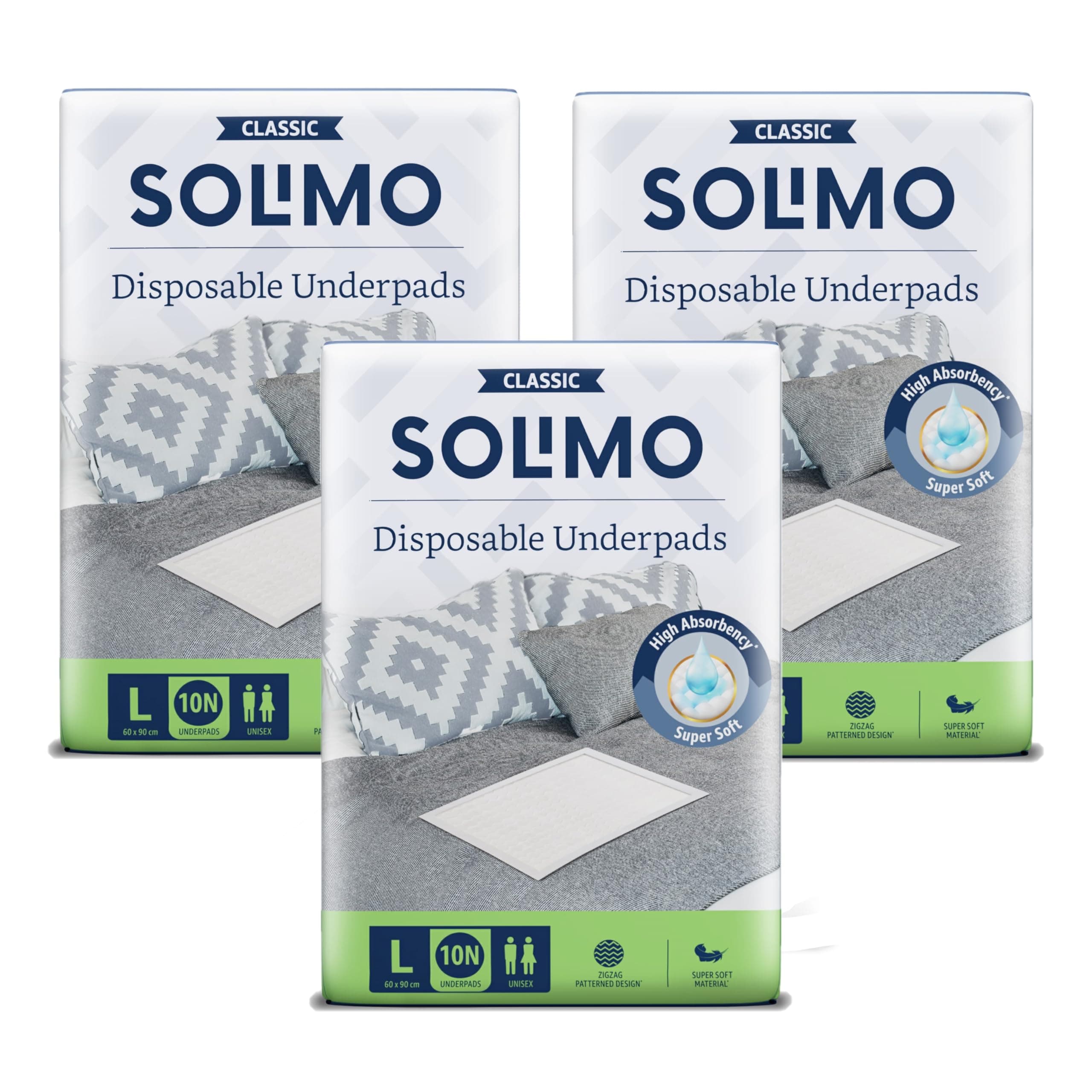 Amazon Brand - Solimo Classic Disposable Underpads | Large Size | Count 30 | 90 X 60 cm | High Absorbancy | Super Soft | Unisex | for Men & Women