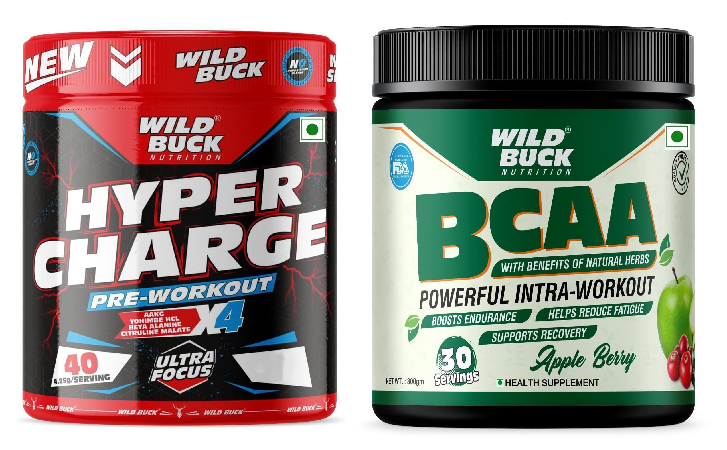 WILD BUCK Hyper Charge Pre-X4 Hardcore Pre-Workout Supplement Powder with Creatine Monohydrate, Arginine AAKG, Beta-Alanine, Caffeinated Punch -For Men & Women [40 Serv, Wild Berries] + Wild Buck BCAA Powder with Natural & Powerful Herbs for Muscle Endurance, Muscle Growth, Recovery & Hydration | Pre, Intra & Post Workout BCAAs Supplement for Women & Men [Apple Berry, 30 Servings, 300g]