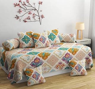 CHHILAKIYA Diwan Set Covers Cotton 8 Pieces Pure Cotton Designer Printed Standard Diwan Set (1 Single Bedsheet, 2 Bolster Covers, 5 Cushion Covers) (Coffee)