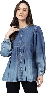 Janasya Women's Blue Denim Faded Flared Top