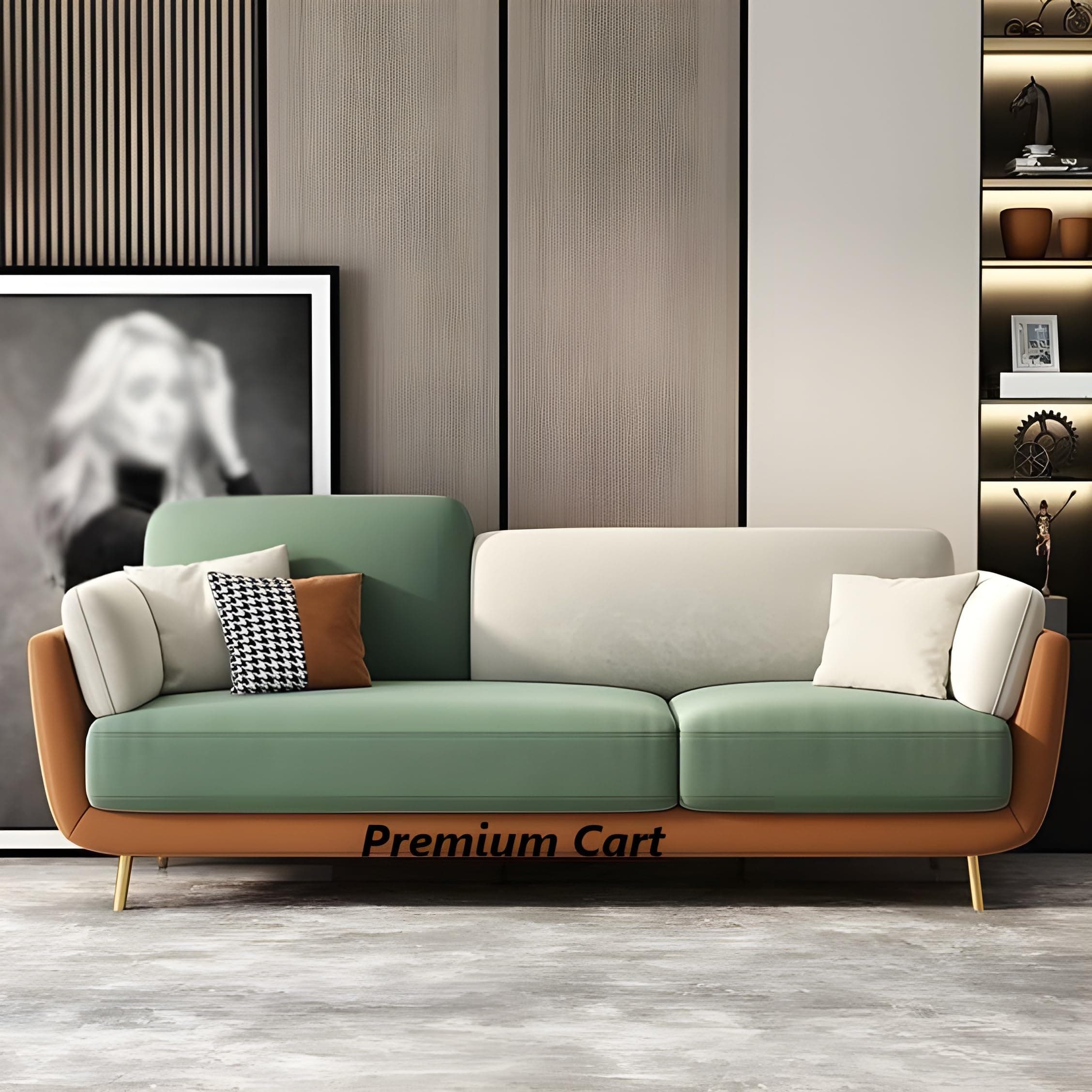 PREMIUM CART Velvet Contemperory Sofa with Cushion Chaise Lounge Sectional Sofa Perfect for Living Room & Bedroom Guests Home & Office (Velevt Green & Beige, 3 Seater)