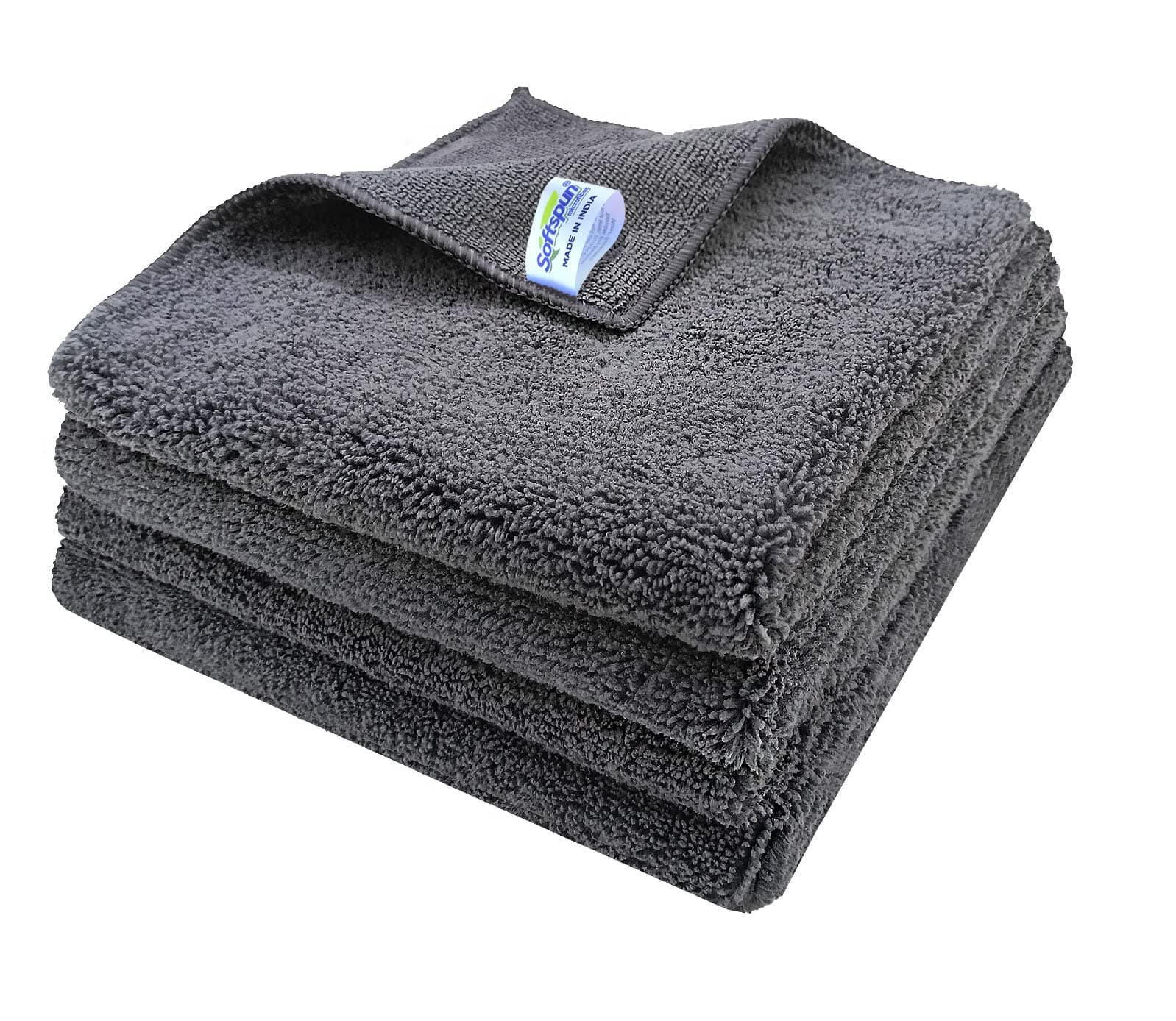 SOFTSPUN Microfiber High Loop Cleaning Cloths, 40x40 cms, 4 pcs, Towel Set, 380 GSM, (Grey). Automotive Towel, Thick Lint & Streak-Free Multipurpose Cloths.…