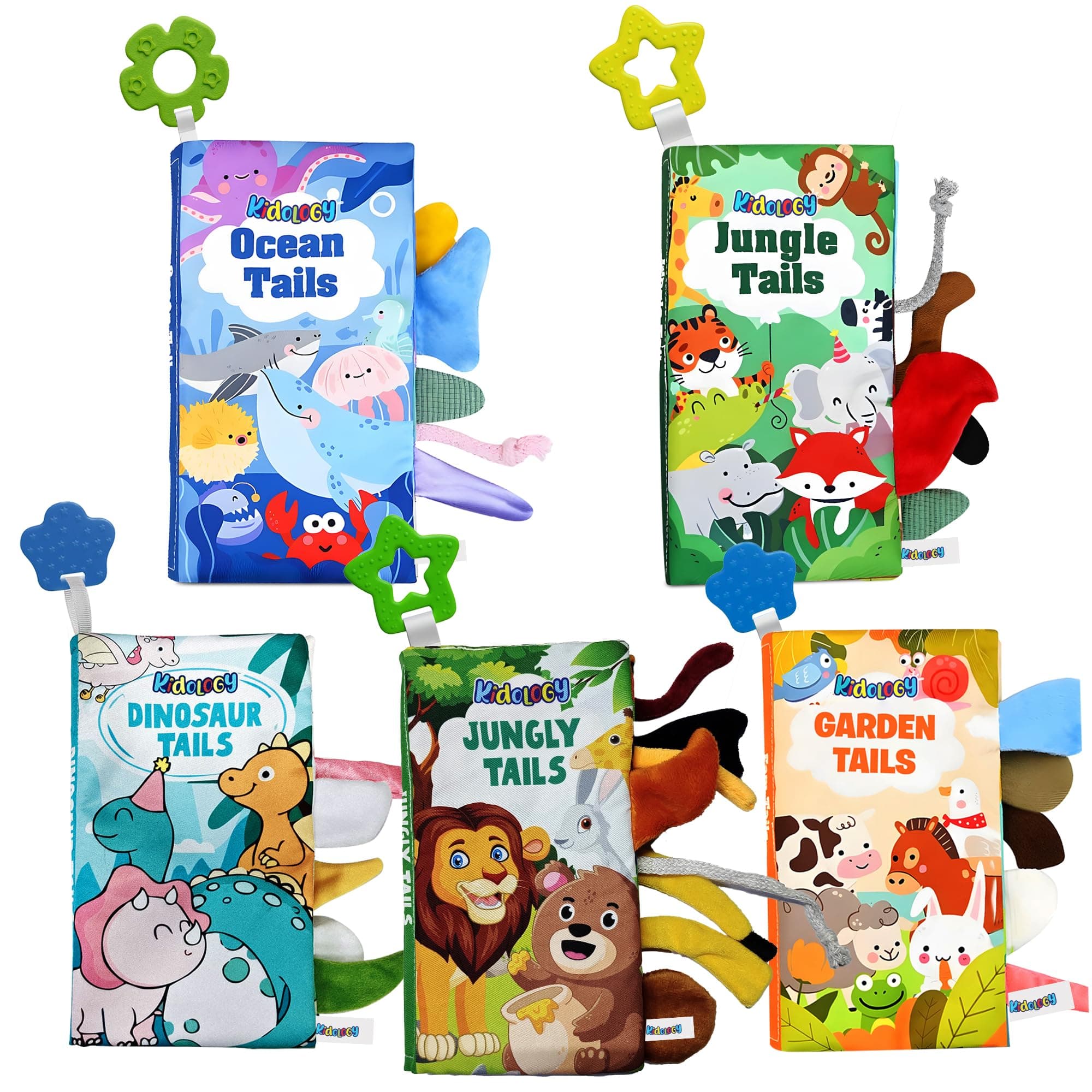 Kidology Set of 5 Animal Tail Soft Cloth Books for Babies 0-3 Years | Tear-Resistant Touch-and-Feel Montessori Cloth Book Collection | Fun Stationery Gift for School, Home & Travel | Boys & Girls