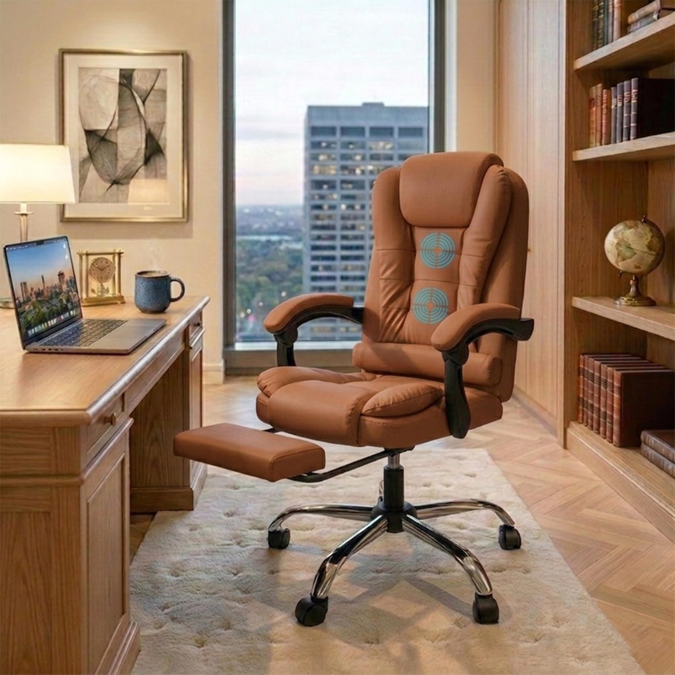 Casa Copenhagen Italia Leatherette Office Chair for Work | Boss Chair, Luxurious Cushioned Arms & Seat, 2 Point Back Massager, Adjustable Leg Rest, Heavy Duty Metal Base (Mud Brown)