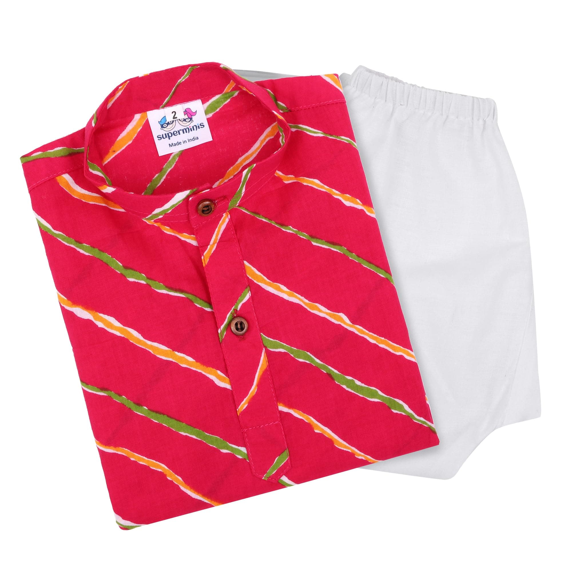 superminis Cotton Boys Sanganeri Lehariya Printed Kurta Set with White Pyjama Elastic Closure