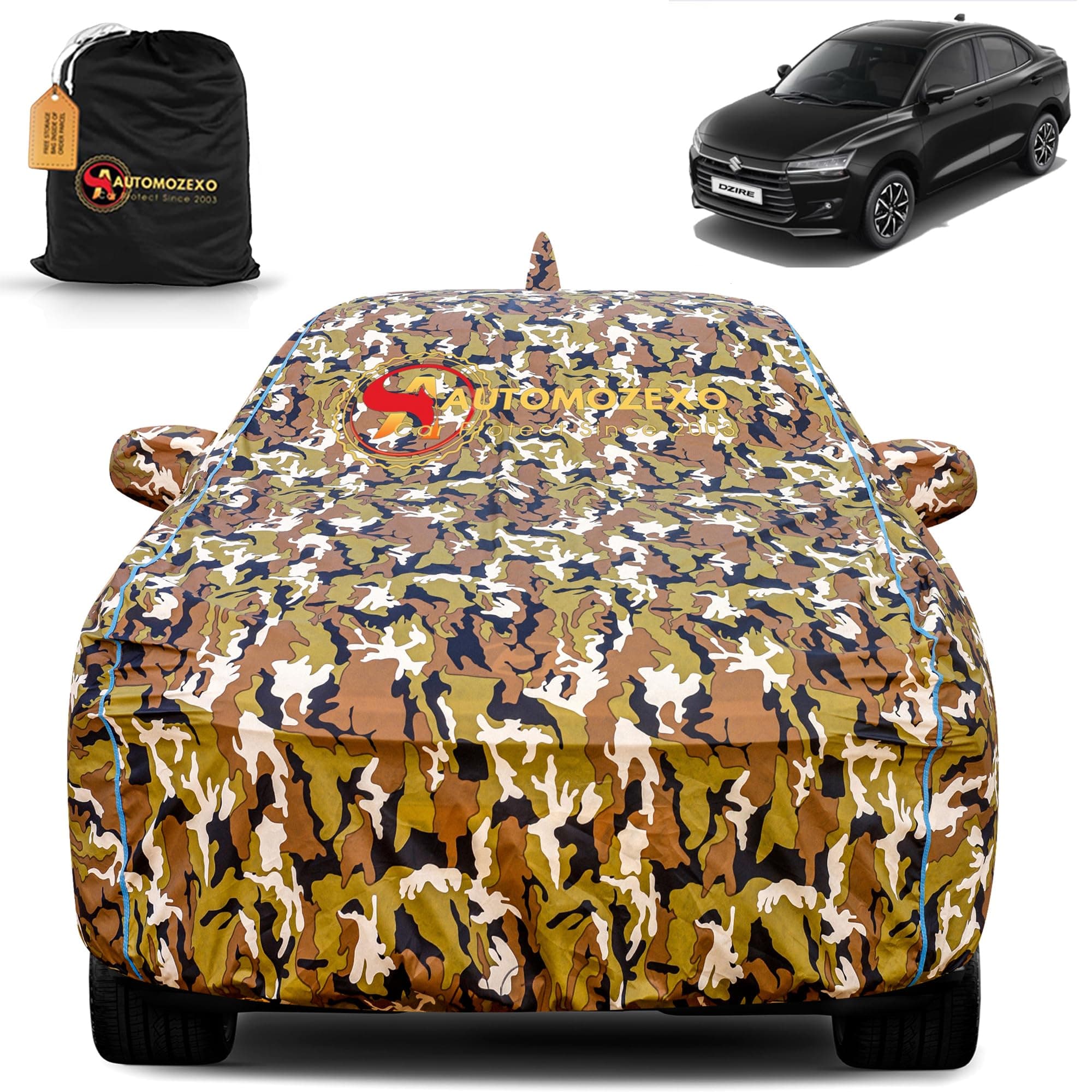 AUTOMOZEXO Maruti Dzire 2025 100% Waterproof Car Cover for All Weather Protection with Mirror & Antena Pocket Inner Cotton Triple Stitched Adjustable Belt Bottom Elastic Cover to Secure Fit -Jungle