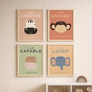 Rousrie Motivational Animals Framed Painting For Kids Posters for Room Decoration, Set of 4 Black Frame Art Prints, Baby Posters for Living Room, A4 Size