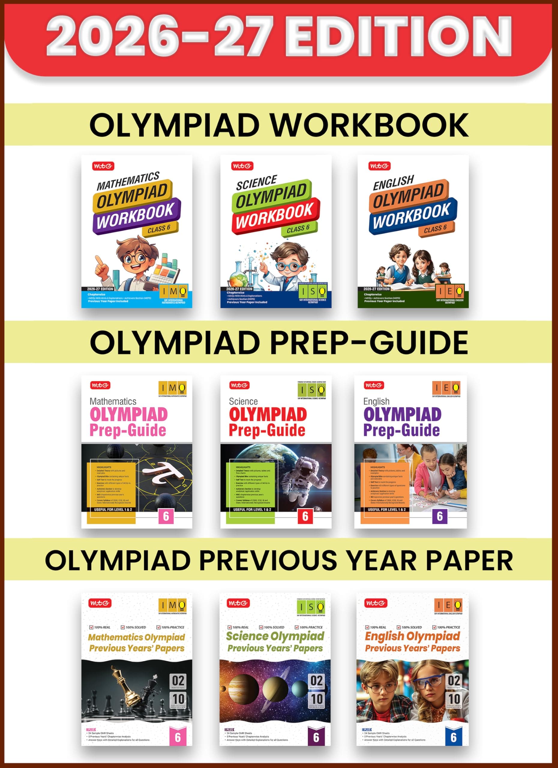 MTG Mathematics, Science, English Olympiad (IMO-ISO-IEO) Workbook, Prep Guide & Previous Years Papers Class 6 (PYQs) with Mock Test Paper - SOF Olympiad Books For 2026-27 Exam (Set of 9 Books)